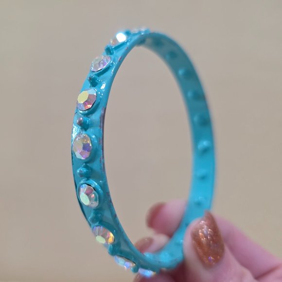 Vintage Retro Turquoise Metal Bangle Bracelet Aurora Borealis Glass Rhinestones - Picture 4 of 13